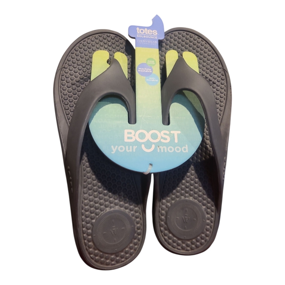 Totes Mens SZ 12  SolBounce Flip Flops Boost Your Mood  Anti-Microbial Gray NWT